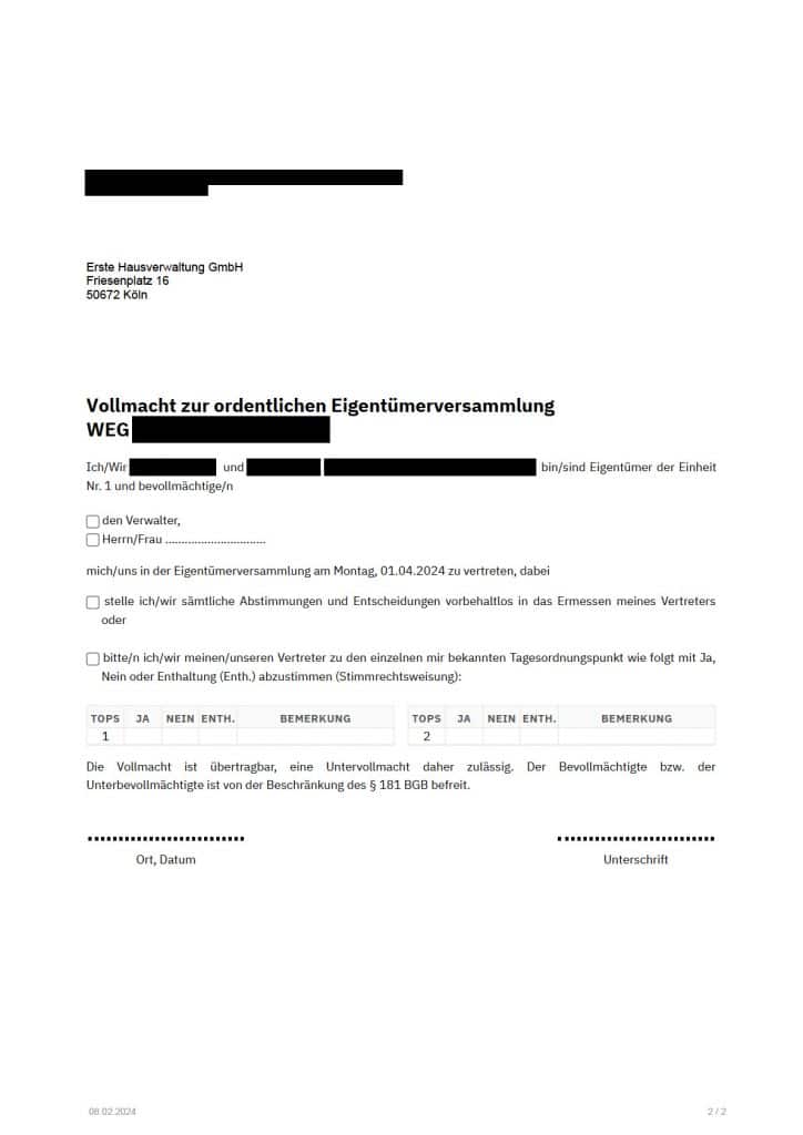 MUSTER-Vollmacht für die Vertretung auf einer Eigentümerversammlung